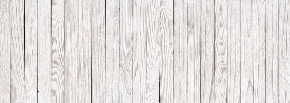 Panoramic background of white wooden texture, light planks as wallpaper