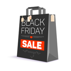 Black paper shopping bag with ad text. Black friday sale and with labels from the purchase on the bag. 3D illustration. Template for online shopping, advertising actions