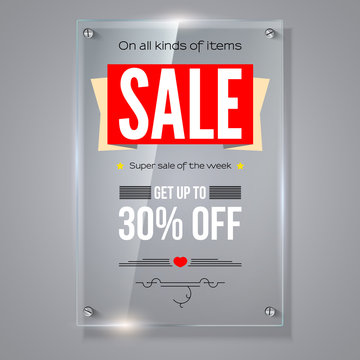 Thirty percent holiday discounts. Iformation on transparent vector glass plate. Calligraphic text on vertical selling ad banner. See through the 3D illustration, photo realistic texture.