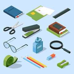 Obraz na płótnie Canvas Books, paper documents in folders, and other base stationary elements set. Vector isometric office equipment