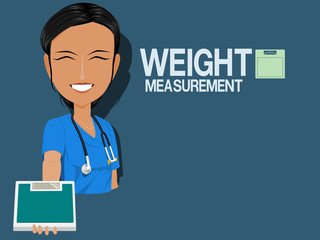 Medical staff show weight measurement on blue background
