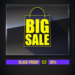 Big sale text banner on black backdrop. Ready to print and use in advertising of products. Selling ad poster for black friday action with sign of shopping bag on glass plate. 3D illustration.