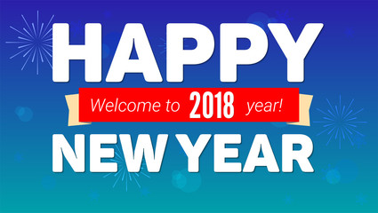 Naklejka na ściany i meble 2018 Happy New Year greeting horizontal poster on night sky backdrop. Fireworks, snowflakes on blue background. Paper design with small shadow. Greeting poster for your loved ones