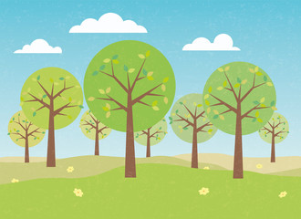 Spring forest retro vector illustration with grunge texture overlay