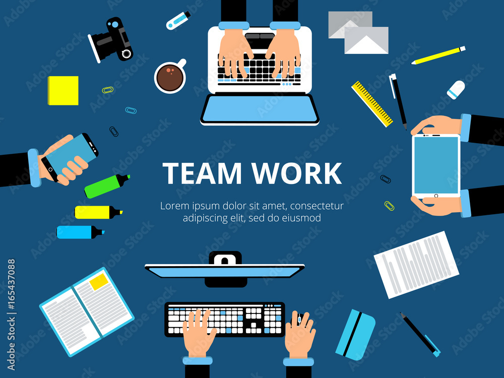 Poster poster with hands and computer devices. business presentation or other actions. vector background pi