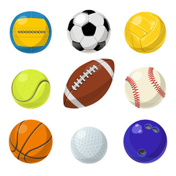 Sport equipment. Different balls in cartoon style. Vector collection set