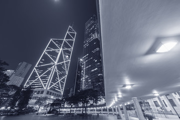 High rise modern office buildings in Hong Kong city at night