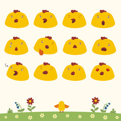 Emoticons set face of chicken in cartoon style. Collection isolated heads of chicken in different emotion and body on meadow with flowers.