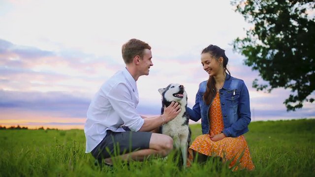 family, pet, animal and people concept - happy couple with labrador retriever dog walking in city park