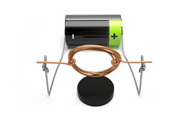 Simple electric motor experiment with cell and magnet front view.