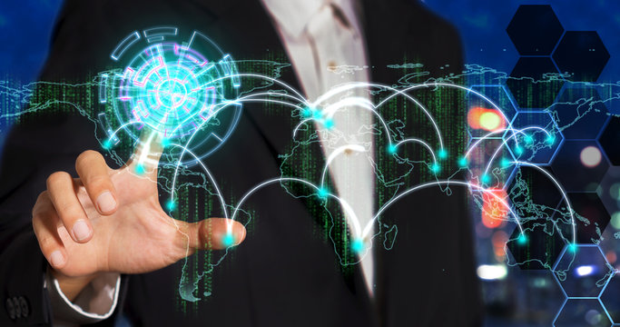 Businessman holding world network ( this image furnished by NASA. )