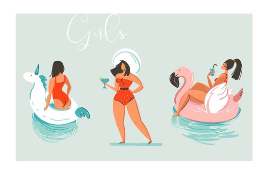 Hand drawn vector cartoon summer time fun beach girls collection illustration set with swimming pool float unicorn and flamingo rings and retro girl in hat with cocktail isolated on blue background