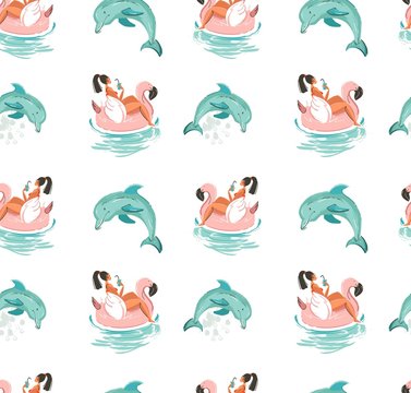 Hand drawn vector abstract cute summer time seamless pattern with beach girl swimming on pink flamingo float circle and dolphins in blue ocean water background
