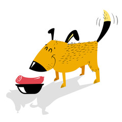 Natural food for dog. A cheerful dog is standing in front of a bowl of sausage.