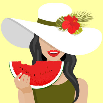 Vector illustration of girl with slice of watermelon