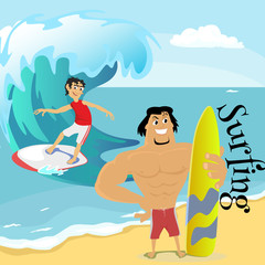 Surfing water extreme sports, isolated design element for summer vacation activity concept, cartoon wave surfing, sea beach vector illustration, active lifestyle adventure