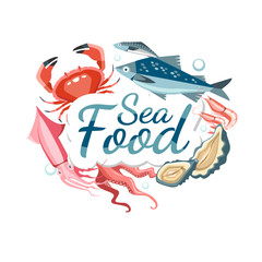 seafood emblem sticker advertising header lettering with fresh fish crustaceans shell delicacy
