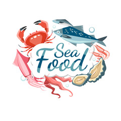 seafood emblem sticker advertising header lettering with fresh fish crustaceans shell delicacy
