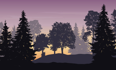 Vector illustration of mountain landscape with forest and trees under purple sky at sunrise