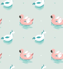 Hand drawn vector abstract summer time fun seamless pattern with pink flamingo float and unicorn swimming pool buoy circle isolated on blue water background.