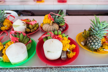 Fruits and flower at the sacrifice ceremony Ganesh god in temple Nakhon Nayok, Thailand.