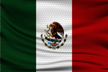 National flag of Mexico on wavy fabric with a volumetric pattern of hexagons. Vector illustration.