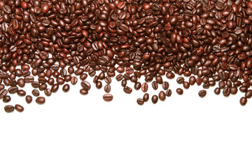 Coffee beans arranged on a white background.