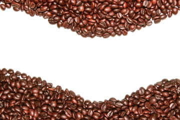 Coffee beans arranged on a white background.