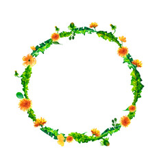 Vector Wreath, circle frame with the watercolor flowers, dandelion fuzzies, hand drawn for wedding design, greeting card or invitation