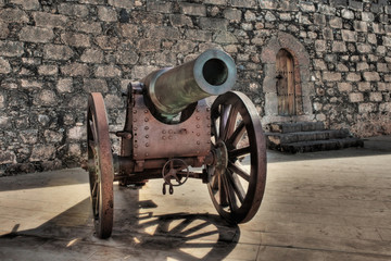 Wood and Bronze Cannon in San Gabriel Fortress in Arrecife, Lanzarote, Spain