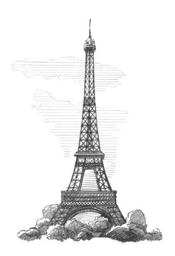 Eiffel Tower, Paris.  Graphic linear tonal drawing by slate pencil.  Isolated on white background