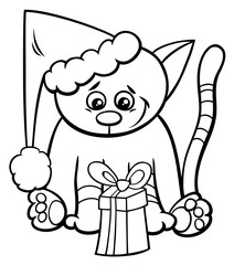 cat with Xmas gift coloring book