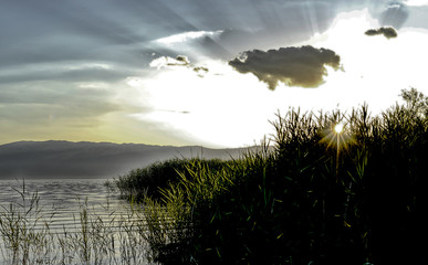 sunset  scene over lake prespa in macedonia