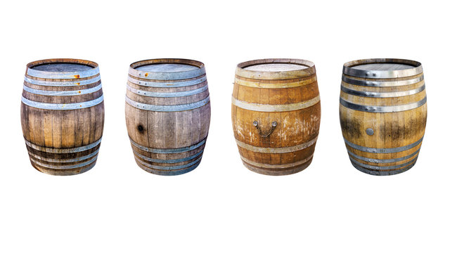 Groups old wooden barrel for champagne, wine, whiskey, rum, beer, with steel ring on white background.