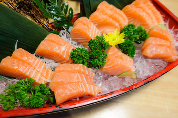 Salmon sashimi in Japanese style fresh serve on ice