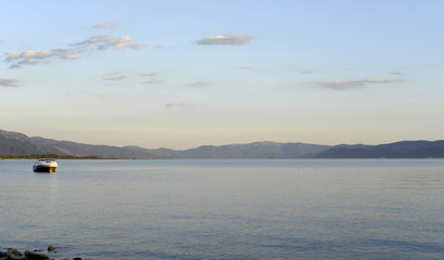 dusk scene over lake prespa in macedonia,