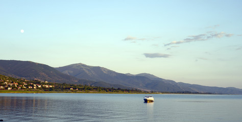 dusk scene over lake prespa in macedonia,