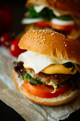 Sandwich hamburger with juicy burgers, cheese and mix of cabbage. Top view