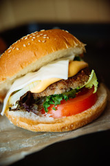 Sandwich hamburger with juicy burgers, cheese and mix of cabbage. Top view