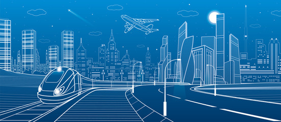Infrastructure transportation panoramic. Train rides. Towers and skyscrapers. Urban scene, modern city on background, industrial architecture. White lines, vector design art  © panimoni