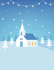 Christian Church Building and Snowy Hills Christmas Card or Poster. Flat Vector Design
