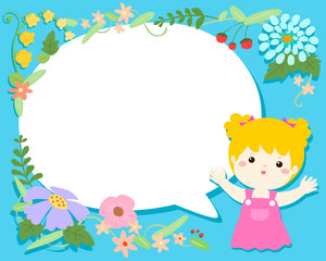 Obraz na płótnie Canvas Cute girl with blank speech bubble flower illustration background vector.