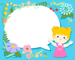 Cute girl with blank speech bubble flower illustration background vector.