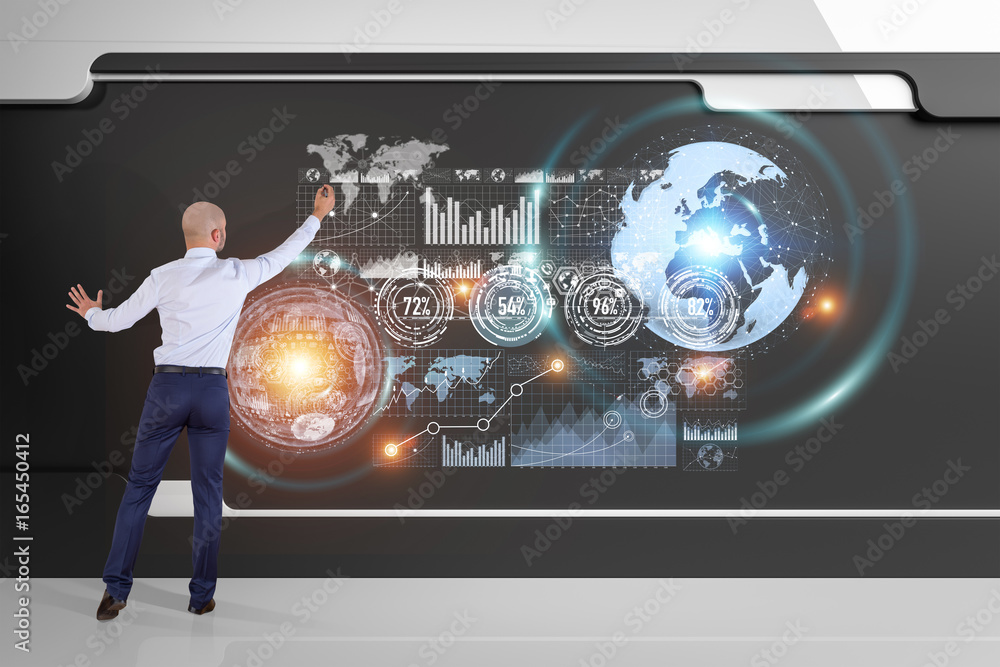 Aufkleber Businessman using graph screens interface on a board 3D rendering