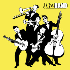 Jazz Band. Five jazz players playing jazz music. Cartoon Style