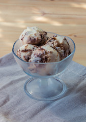 Vanilla ice cream scoops with chocolate sauce in bowl. Selective focus