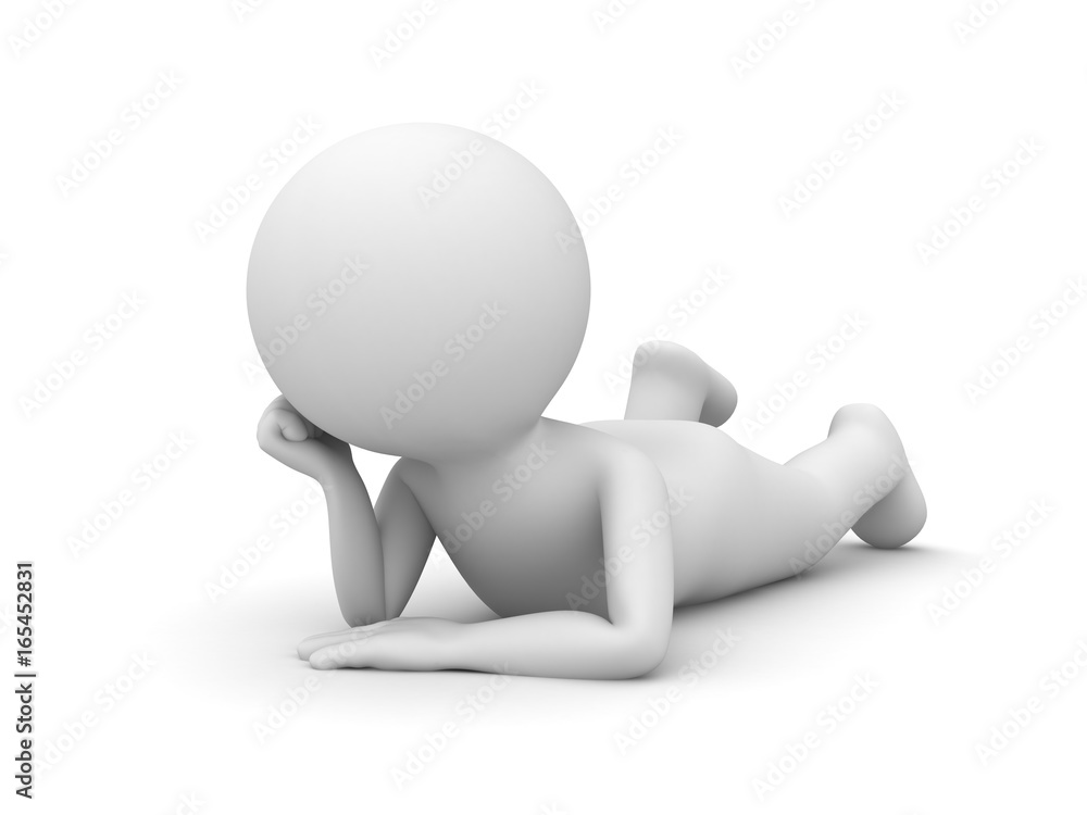 Poster 3d man lying on his stomach and thinking isolated over white background with shadow . 3d rendering.