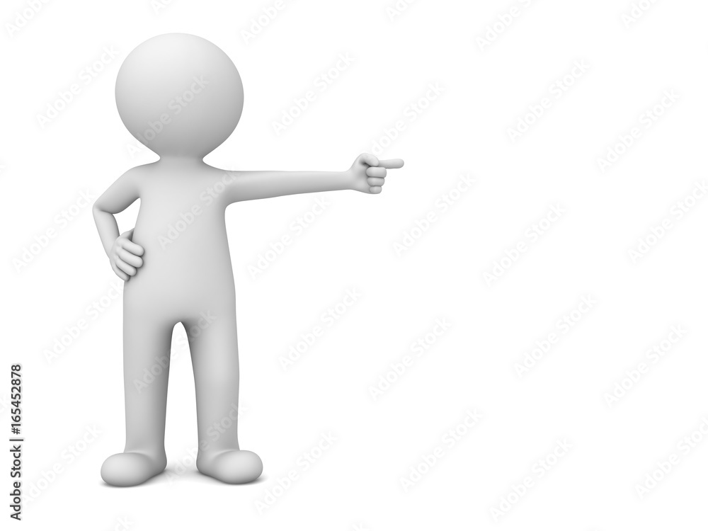Aufkleber 3d man standing and pointing finger at blank space isolated over white background. 3D rendering.