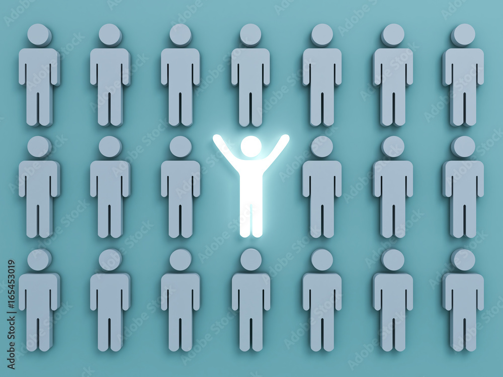 Fototapete stand out from the crowd and different concept , one light man glowing and standing with arms wide o