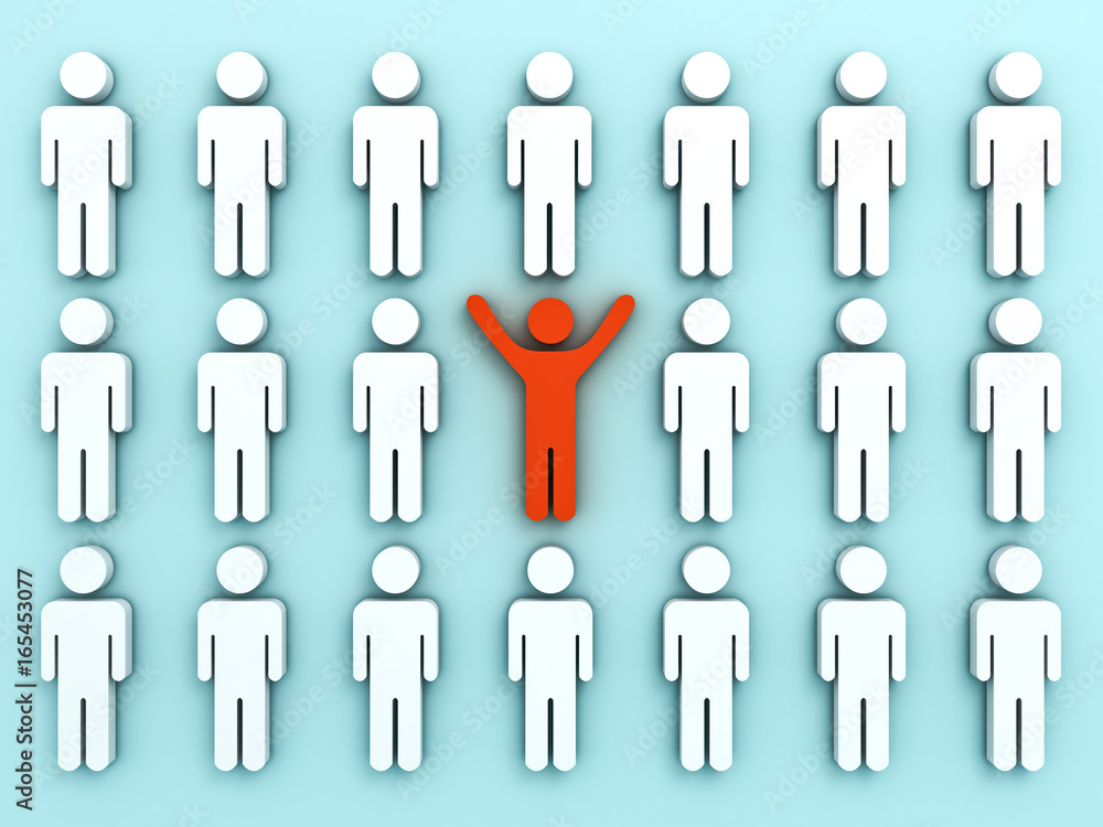 Poster Stand out from the crowd and different concept , One red man standing with arms wide open among other people on light green pastel color background shadows . 3D rendering.